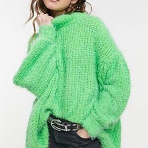 Free People Oasis Bright Green Chunky Oversized Cowl-Neck Sweater